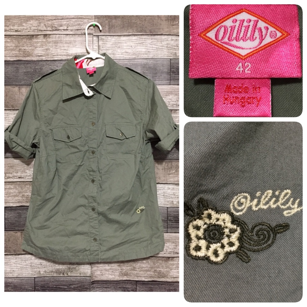 Oilily Button Up Shirt Women’s 42 Medium Green Roll 3/4 Sleeve Embroidery